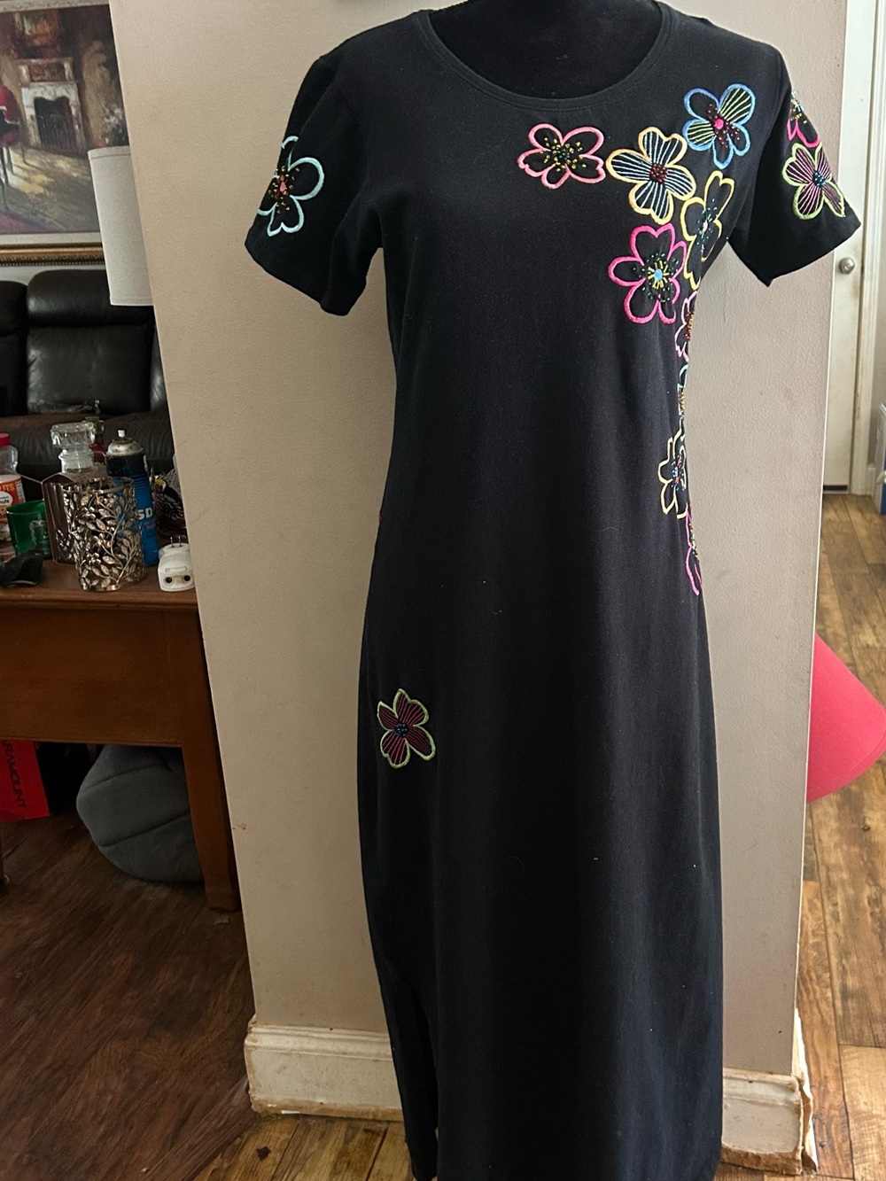 Michael Simon Lite Black Floral Embroidered Short-Sleeve Dress S